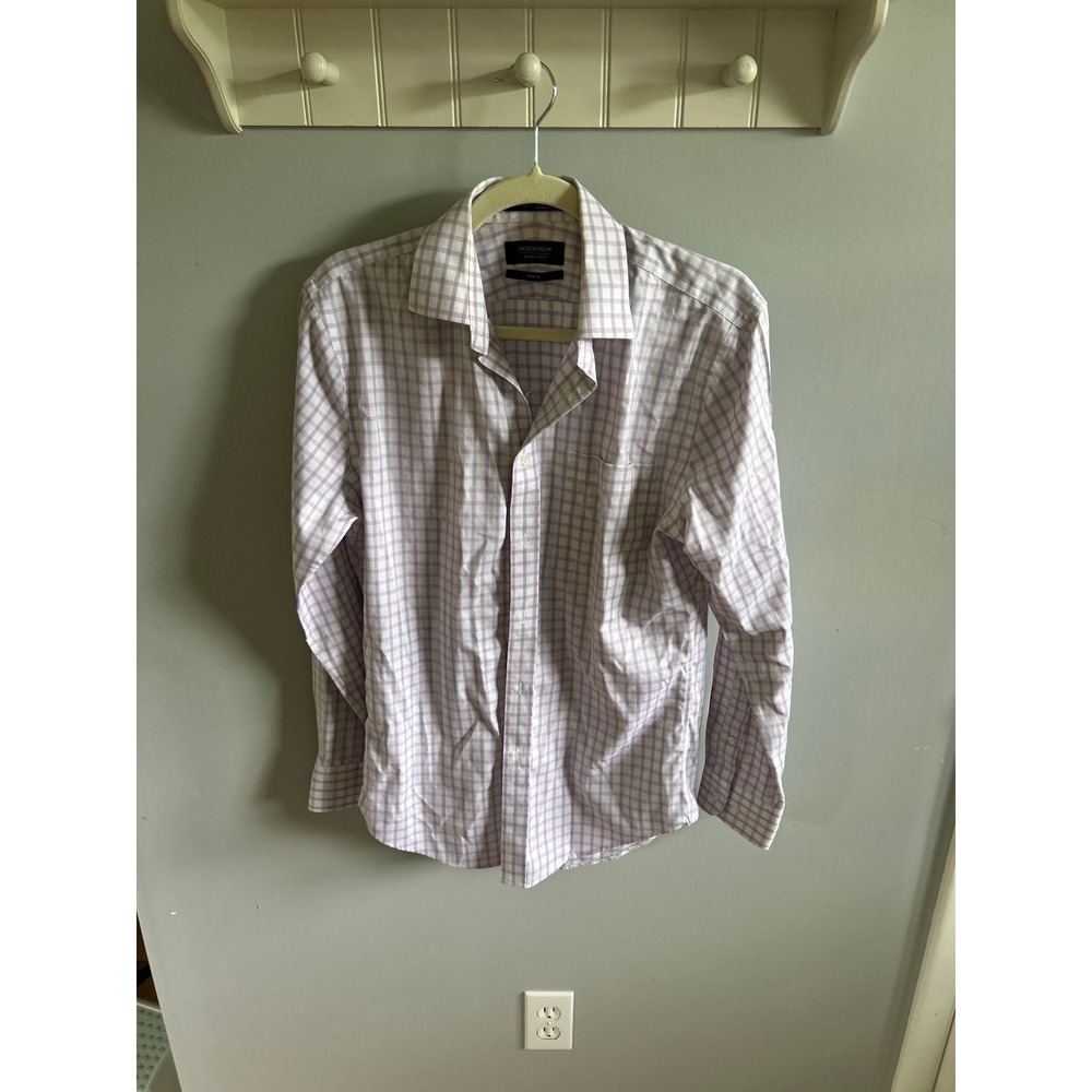 Nordstrom Smartcare Dress Shirt Mens 14.5 32-33 Trim Fit Purple Tattersall Check - Picture 2 of 3